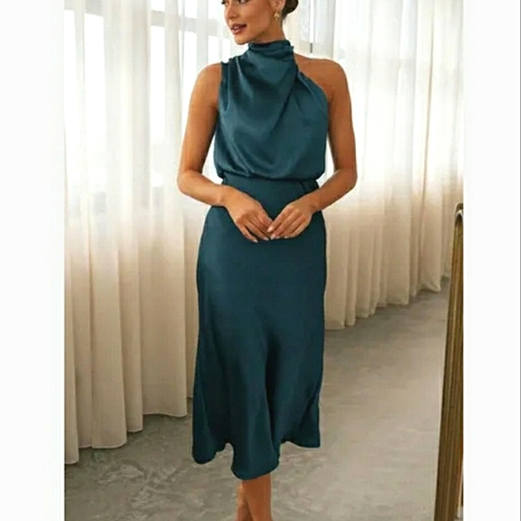 Draped Satin Asymmetric High Neck Sleeveless Midi Dress - Picture 12 of 12
